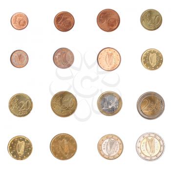 Euro coins including both the international and national side of Ireland
