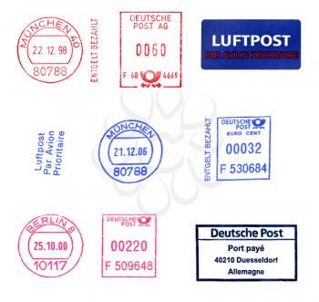 German postage meters, rubber stamps, mail labels isolated over white