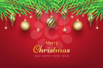 Christmas background with golden ornaments hanging on the tree. vectors for advertisements, banners, greeting cards, social media posts and more
