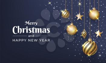 Merry Christmas and New Year design with shiny gold ball ornament