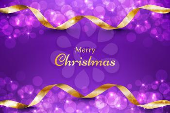 Purple christmas background with gold ribbon and glitter bokeh effect. vector for design invitations, advertisements, banners, posters, greeting cards, social media posts and others