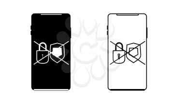Mobile phone with a no security linear icon vector, black and white version