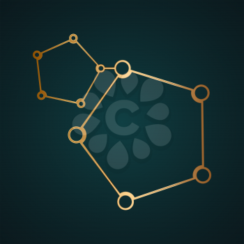 Abstract molecules and global social media communication vector. Gradient gold metal with dark background