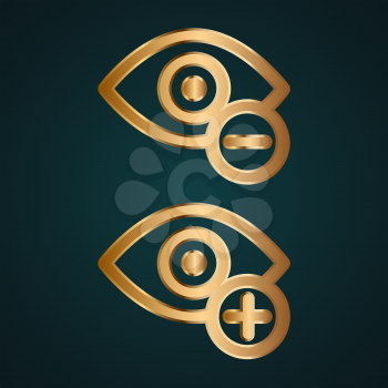 Hide and unhide eye icon. Gold metal with dark background