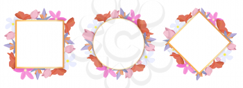 Tropical flowers set around a white frame copy space. Bright abstract background for banner, flyer or cover with copy space for text or emblem