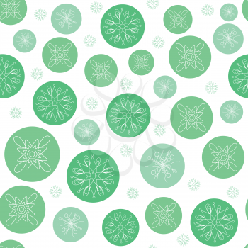 Round green snowflakes background seamless pattern