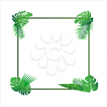 Tropical leaves around a white rectangle box copy space. Bright abstract background for banner, flyer or cover with copy space for text or emblem