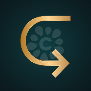 Curve arrow vector icon. Gold metal with dark background