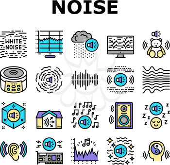 White Noise Hearing Collection Icons Set Vector. Speaker Dynamic And Audio Card, Relaxation And Music For Sleep, Rain Noise And Sound Concept Linear Pictograms. Contour Color Illustrations