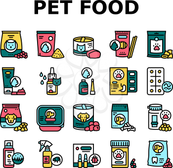 Pet Products Food Collection Icons Set Vector. Dry And Canned Food For Cat And Dog Domestic Animal, Vitamins And Medicine For Worms Concept Linear Pictograms. Contour Color Illustrations
