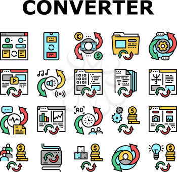 Converter Application Collection Icons Set Vector. Currency And Abstract, Video And Audio Files, Image And Program Code Converter Concept Linear Pictograms. Contour Color Illustrations