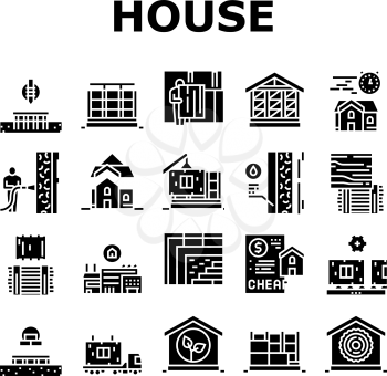 Timber Frame House Collection Icons Set Vector. Pile Screw Foundation And Ecowool Insulation, Wooden And Steel Building Frame Glyph Pictograms Black Illustrations