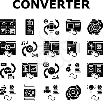 Converter Application Collection Icons Set Vector. Currency And Abstract, Video And Audio Files, Image And Program Code Converter Glyph Pictograms Black Illustrations