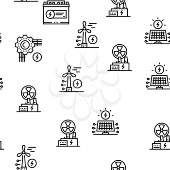 Energy Electricity And Fuel Power Icons Set Vector. Electric Solar Panel And Battery, Turbine And Dam, Energy Plant And Coal, Petrol And Gas Black Contour Illustrations