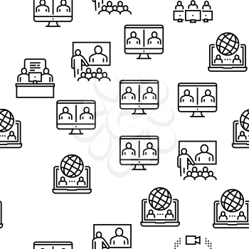 Online Video Meeting Vector Seamless Pattern Thin Line Illustration