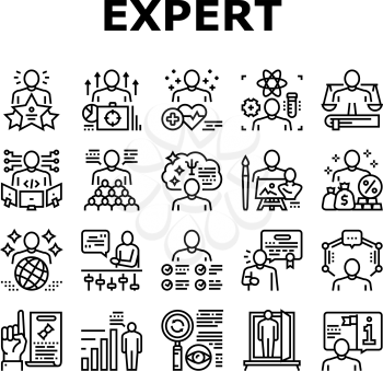 Expert Human Skills Collection Icons Set Vector. Universal And Business Expert, Lawyer And Economic, Technical And Social, Art And Medical Black Contour Illustrations