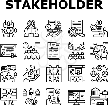 Stakeholder Business Collection Icons Set Vector. Stakeholder Meeting With Investor And Trade Union, Credit And Dividends, Stock And Bidding Black Contour Illustrations