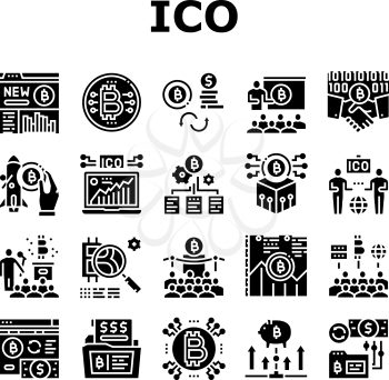 Ico Initial Coin Offer Collection Icons Set Vector. Ico Platform And Successful Start, Presentation And Investing, Development And Cryptocurrency Glyph Pictograms Black Illustrations