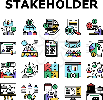 Stakeholder Business Collection Icons Set Vector. Stakeholder Meeting With Investor And Trade Union, Credit And Dividends, Stock And Bidding Concept Linear Pictograms. Contour Color Illustrations