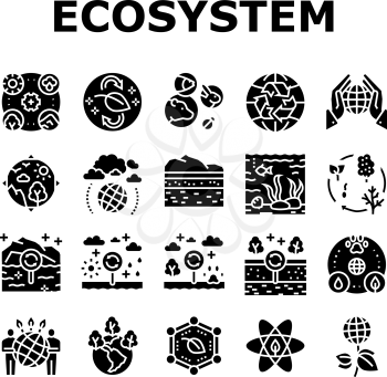Ecosystem Environment Collection Icons Set Vector. Ecosystem And Ecology, Biodiversity And Life Cycle, Biosphere And Atmosphere Glyph Pictograms Black Illustrations