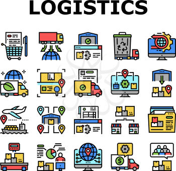 Logistics Business Collection Icons Set Vector. Ship And Airplane Shipment, Eco Delivery Truck And Storehouse Global Logistics Service Concept Linear Pictograms. Contour Color Illustrations