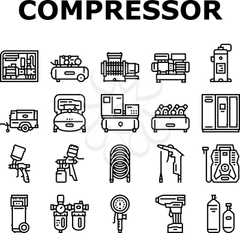 Air Compressor Tool Collection Icons Set Vector. Screw And Piston, Membrane And Centrifugal, Diesel And Rotary Compressor Equipment Black Contour Illustrations