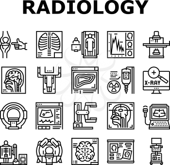 Radiology Equipment Collection Icons Set Vector. Mri And Ultrasound, Ct Scan And Fluoroscope Radiology Hospital Medical Device Black Contour Illustrations
