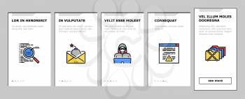 Internet Security Onboarding Mobile App Page Screen Vector. Internet Ddos Computer Attack And Flash Drive With Virus, Binary Code In E-mail Message And Hacker Illustrations