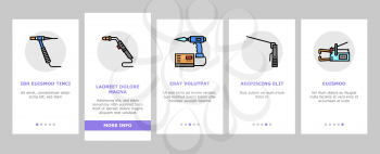 Welding Machine Tool Onboarding Mobile App Page Screen Vector. Welding Equipment And Electrodes, Manual Arc And Plasma, Electroslag And Spot Illustrations