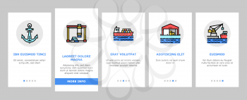 Container Port Tool Onboarding Mobile App Page Screen Vector. Port Crane Loader For Loading Boxes On Ship And Storehouse, Buoy And Lighthouse, Delivery Service Illustrations