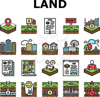 Land Property Business Collection Icons Set Vector. Land Rent And Sale, Residential Apartment And Estate, Public And Recreational Zone Concept Linear Pictograms. Contour Illustrations