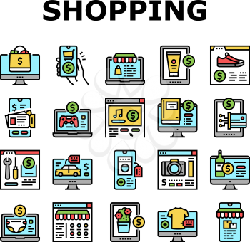 Shopping Online App Collection Icons Set Vector. Shoes And Clothing, Digital Technology And Mobile Phone, Food And Alcoholic Drink Department Shopping Concept Linear Pictograms. Contour Illustrations