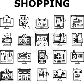 Shopping Online App Collection Icons Set Vector. Shoes And Clothing, Digital Technology And Mobile Phone, Food And Alcoholic Drink Department Shopping Black Contour Illustrations