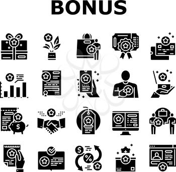 Bonus Present Of Sales Collection Icons Set Vector. Bonus Gift Box For Customer And Card, Contract And Flyer, Label Sale And Online Phone Application Glyph Pictograms Black Illustrations