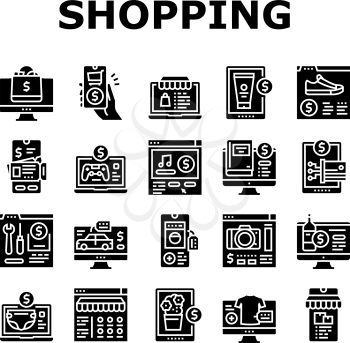 Shopping Online App Collection Icons Set Vector. Shoes And Clothing, Digital Technology And Mobile Phone, Food And Alcoholic Drink Department Shopping Glyph Pictograms Black Illustrations