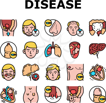 Disease Human Organ Collection Icons Set Vector. Colitis And Breast Gynecomastia, Hemorrhoids And Glossitis, Cryptorchidism And Systole Disease Concept Linear Pictograms. Contour Illustrations