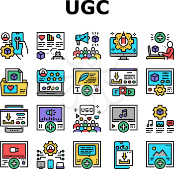 User Generated Content Collection Icons Set Vector. Video And Audio, Images And Text User Generated Content, Ugc Setting And Development Concept Linear Pictograms. Contour Color Illustrations