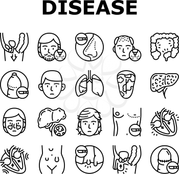 Disease Human Organ Collection Icons Set Vector. Colitis And Breast Gynecomastia, Hemorrhoids And Glossitis, Cryptorchidism And Systole Disease Black Contour Illustrations
