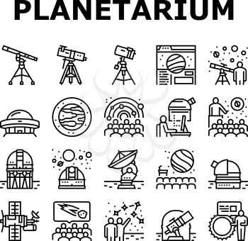 Planetarium Equipment Collection Icons Set Vector. Planetarium Speaker About Stars And Planets, Observatory Astronomy Telescope For Research Galaxy Black Contour Illustrations