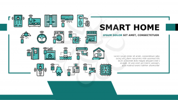 Smart Home Equipment Landing Web Page Header Banner Template Vector. Smart Home Security System And Fire Alarm, Air Conditioning And Washer Remote Control Illustration