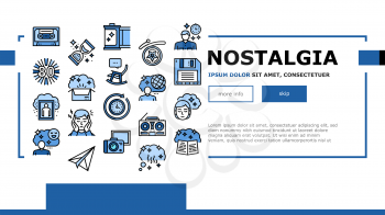 Nostalgia And Memory Landing Web Page Header Banner Template Vector. Retro Music Cassette And Photo Camera Roll, Computer Diskette And Sandglass Illustration