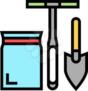 shovel, drill and bag for soil testing color icon vector. shovel, drill and bag for soil testing sign. isolated symbol illustration