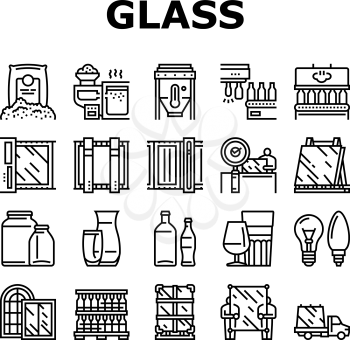 Glass Production Plant Collection Icons Set Vector. Glass Bottle And Vase, Jar And Light Bulb Manufacturing, Window Packaging And Transportation Black Contour Illustrations