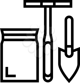 shovel, drill and bag for soil testing line icon vector. shovel, drill and bag for soil testing sign. isolated contour symbol black illustration