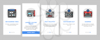 Car Factory Production Onboarding Mobile App Page Screen Vector. Car Factory Equipment And Conveyor For Welding Parts And Installing Details, Crash And Airbag Test Illustrations