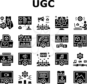 User Generated Content Collection Icons Set Vector. Video And Audio, Images And Text User Generated Content, Ugc Setting And Development Glyph Pictograms Black Illustrations