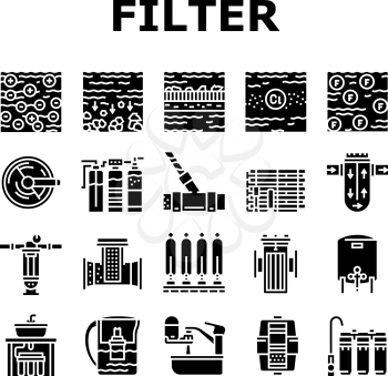 Water Filter Equipment Collection Icons Set Vector. Industrial And Home Water Filter Tool, Disinfection And Filtration Process Glyph Pictograms Black Illustrations