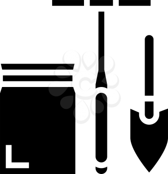 shovel, drill and bag for soil testing glyph icon vector. shovel, drill and bag for soil testing sign. isolated contour symbol black illustration