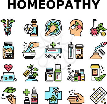 Homeopathy Medicine Collection Icons Set Vector. Medicaments And Vitamins Prepared From Natural Bio Plant, Homeopathy Pills And Drug Container Concept Linear Pictograms. Contour Illustrations