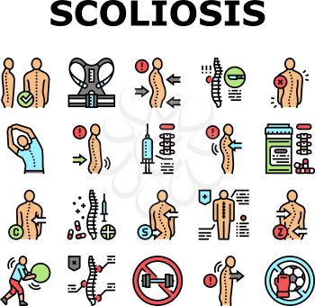 Scoliosis Disease Collection Icons Set Vector. Corset And Surgery Medical Operation For Treatment Kyphosis And Scoliosis Health Problem Concept Linear Pictograms. Contour Illustrations